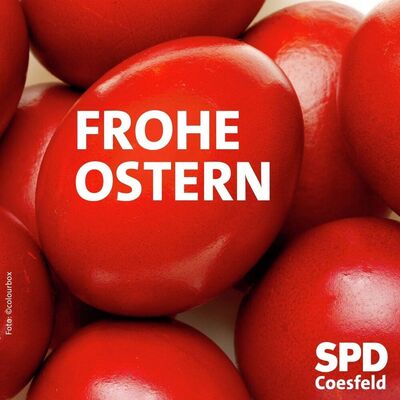 Bildbeschreibung: Rot gefärbte Eier dazu der Text "Frohe Ostern" (Fotoquelle: colourbox)