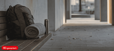 KI-generiertes Symbolbild mit einem leeren, überdachten Sitzbereich im öffentlichen Raum. Auf einer Bank liegen ein Rucksack, eine zusammengerollte Decke und eine Thermosflasche – zurückhaltende Hinweise auf Wohnungslosigkeit.