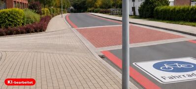 KI-bearbeitete Visualisierung der Straße Hengtering Richtung Innenstadt als Fahrradstraße.