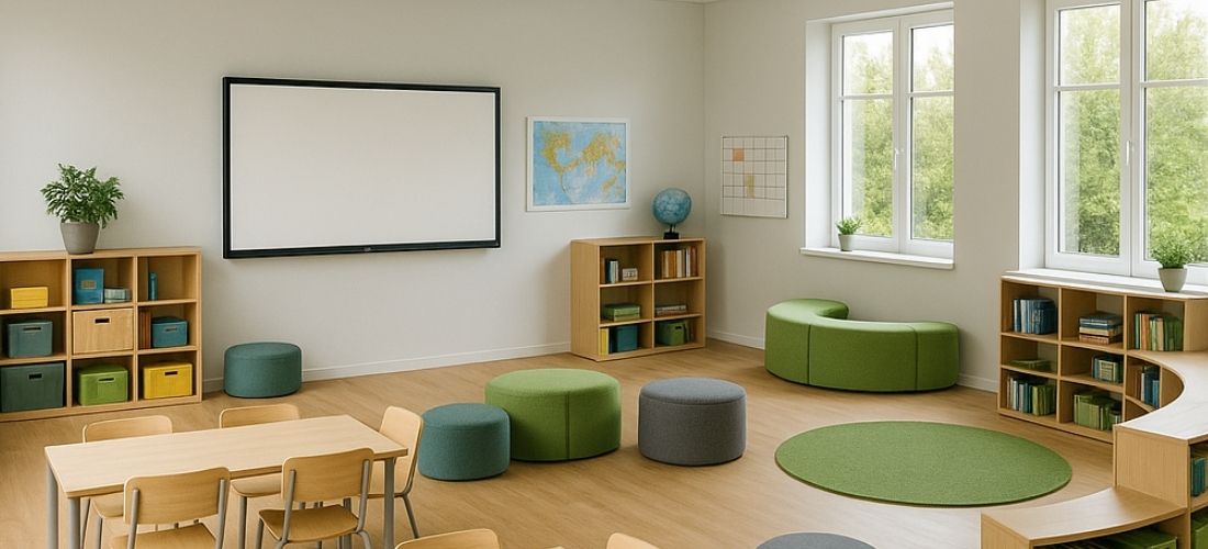 Modern eingerichtet Klassenzimmer mit Tischen, Stühlen sowie runden Sitzmöbeln, Bücheregalen und Teppichen.