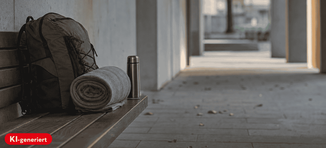 KI-generiertes Symbolbild mit einem leeren, überdachten Sitzbereich im öffentlichen Raum. Auf einer Bank liegen ein Rucksack, eine zusammengerollte Decke und eine Thermosflasche – zurückhaltende Hinweise auf Wohnungslosigkeit.