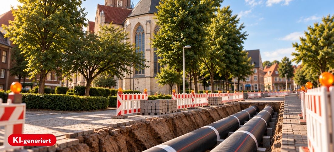 KI-generiertes Symbolbild von den Bau von Wärmeleitungen im Hintergrund ist die Lambertikirche in Coesfeld erkennbar